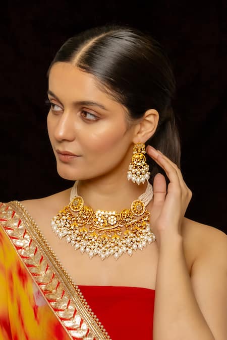 Shop_Shlok Jewels_White Gota Patti, Stones Floral Cutwork Motif Embellished Bridal Necklace Set _at_Aza_Fashions