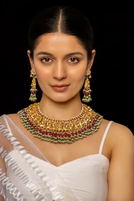 Shop_Shlok Jewels_Multi Color Beads, Stones Tear Drop Carved Necklace Set _at_Aza_Fashions