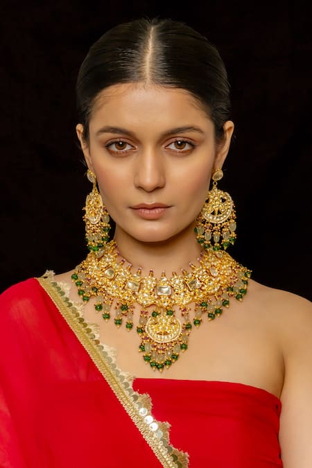 Shop_Shlok Jewels_Multi Color Beads, Pearls, Stones Floral Carved Pendant Necklace Set _at_Aza_Fashions