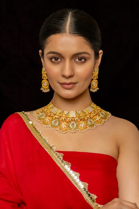 Shop_Shlok Jewels_Multi Color Beads, Stones Geometric Carved Cutwork Necklace Set _at_Aza_Fashions