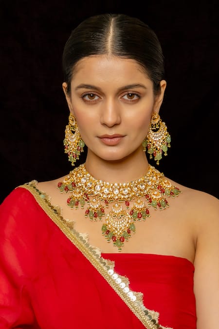 Shop_Shlok Jewels_White Beads, Stones, Diamonds Half Crescent Carved Pendant Necklace Set _at_Aza_Fashions