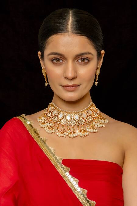 Shop_Shlok Jewels_White Beads, Stones, Diamonds Embellished Necklace Set _at_Aza_Fashions