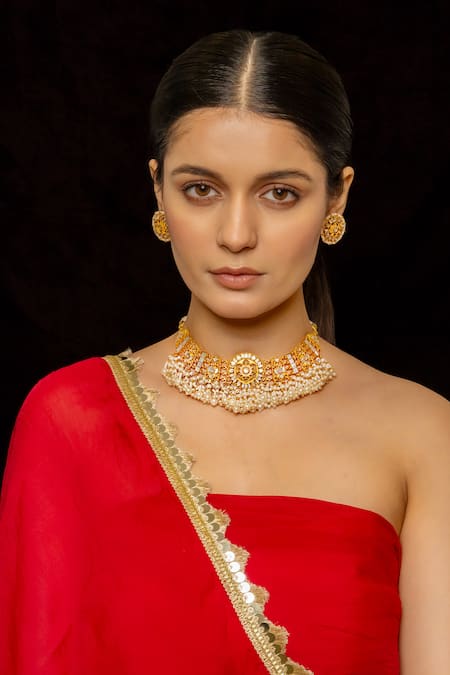 Shop_Shlok Jewels_White Beads, Stones Kundan Embellished Choker Set _at_Aza_Fashions