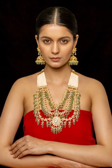 Shop_Shlok Jewels_White Beads, Diamonds, Stones Kundan Embellished Layered Pendant Necklace Set _at_Aza_Fashions