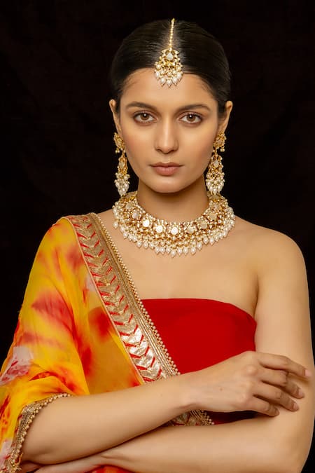 Shop_Shlok Jewels_White Beads, Diamonds Gemstone Embellished Necklace Set _at_Aza_Fashions