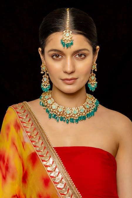 Shop_Shlok Jewels_Green Beads, Stones, Diamonds Kundan Embellished Choker Set _at_Aza_Fashions