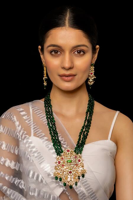 Shop_Shlok Jewels_Multi Color Beads, Lace, Stones Floral Carved Cutwork Pendant Necklace Set _at_Aza_Fashions