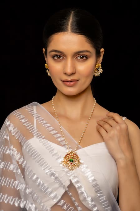 Shop_Shlok Jewels_Multi Color Beads Paisley Carved Pendant Necklace Set _at_Aza_Fashions