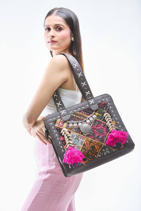 Nayaab by Aleezeh Multi Color Kutchi Embroidery Leather Tote Bag