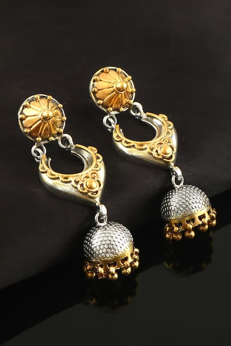 Noor Silver Plated Dual Toned Carved Jhumkas