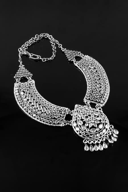 Noor Silver Plated Polki Teardrop Embellished Necklace