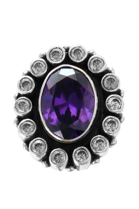 Noor_Silver Plated Zari Floral Zircon Stone Embellished Ring_Online_at_Aza_Fashions