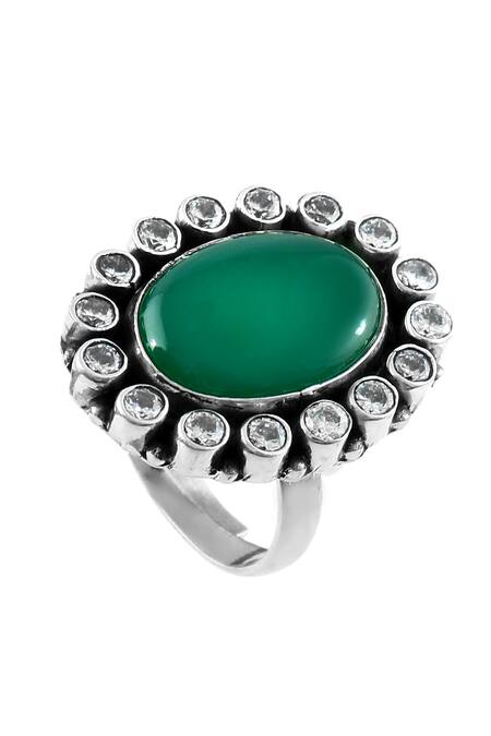 Shop_Noor_Silver Plated Zari, Stones Onyx And Zircon Embellished Ring_at_Aza_Fashions