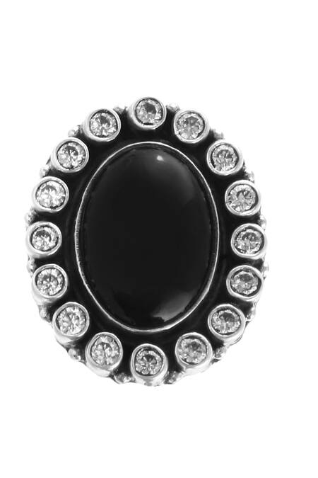 Noor_Silver Plated Zari, Stones Zircon Embellished Oval Ring_Online_at_Aza_Fashions
