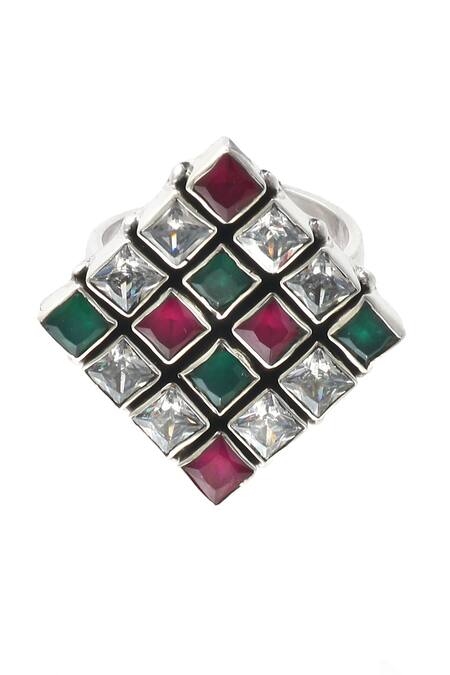 Noor_Silver Plated Zari Zircon Embellished Ring_Online_at_Aza_Fashions