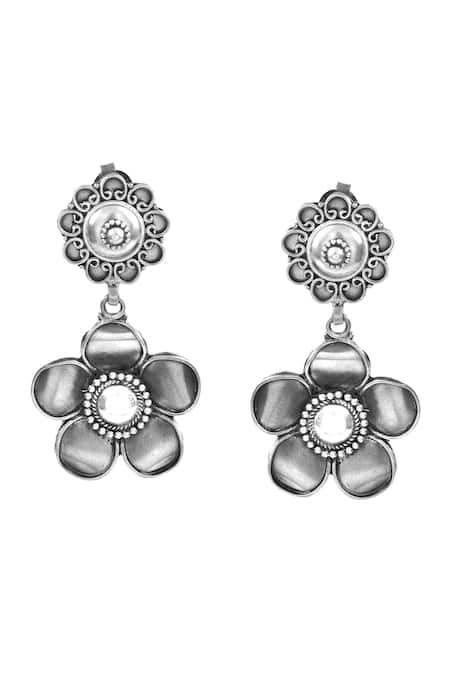 Shop_Noor_Silver Plated Floral Cutwork Earrings _at_Aza_Fashions