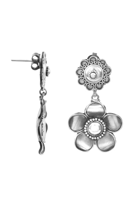 Noor_Silver Plated Floral Cutwork Earrings _Online_at_Aza_Fashions