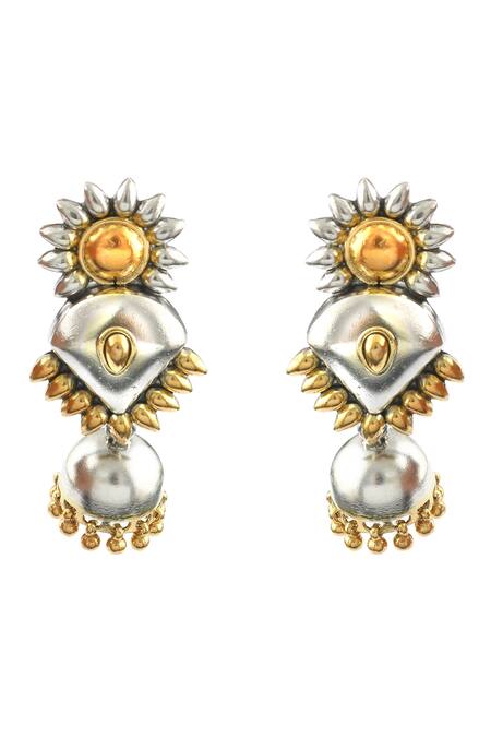 Shop_Noor_Gold Plated Flower Pattern Dangler Earrings_at_Aza_Fashions