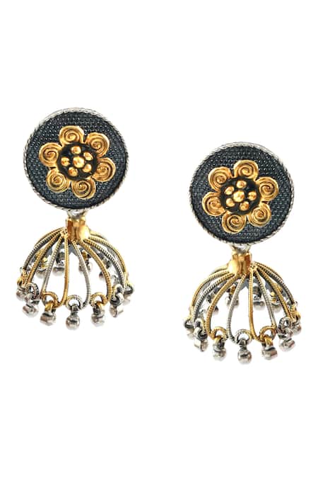 Shop_Noor_Gold Plated Dual Tone Floral Pattern Jhumkas _at_Aza_Fashions