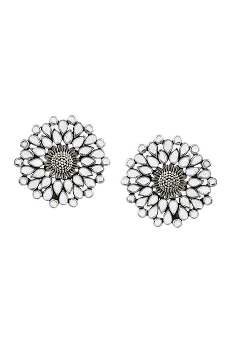 Shop_Noor_Silver Plated Imitation Diamonds Polki Embellished Floral Studs_at_Aza_Fashions