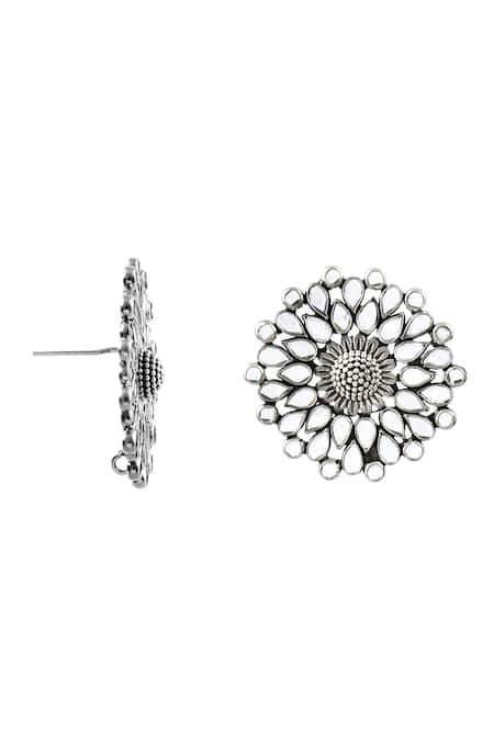 Noor_Silver Plated Imitation Diamonds Polki Embellished Floral Studs_Online_at_Aza_Fashions