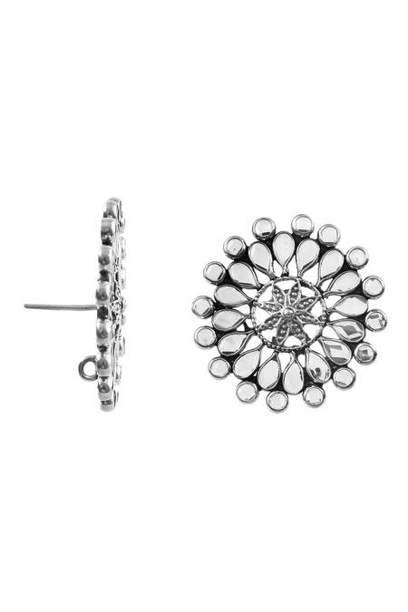 Noor_Silver Plated Stones Polki Embellished Flower Studs_Online_at_Aza_Fashions