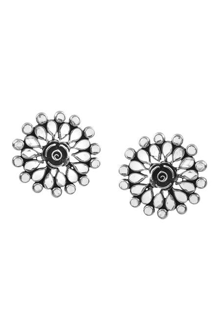 Shop_Noor_Silver Plated Stone Embellished Floret Studs _at_Aza_Fashions