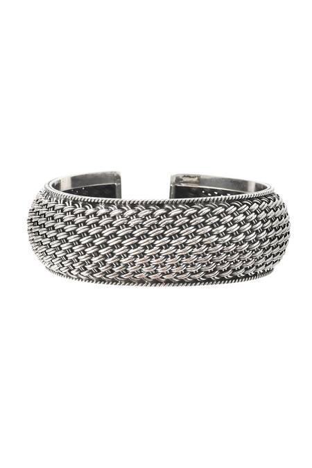 Shop_Noor_Silver Plated Weave Textured Statement Cuff Bangle_at_Aza_Fashions