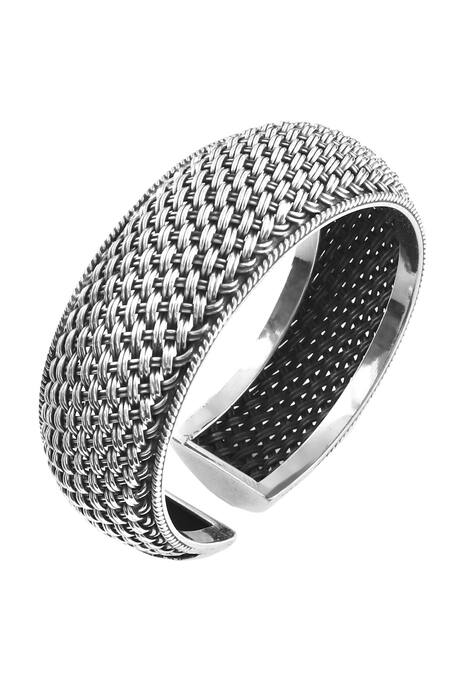 Noor_Silver Plated Weave Textured Statement Cuff Bangle_Online_at_Aza_Fashions