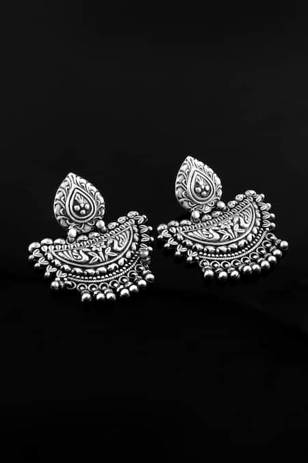 Noor Silver Plated Diya Ghungroo Embellished Carved Earrings