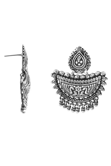 Noor_Silver Plated Diya Ghungroo Embellished Carved Earrings_Online_at_Aza_Fashions