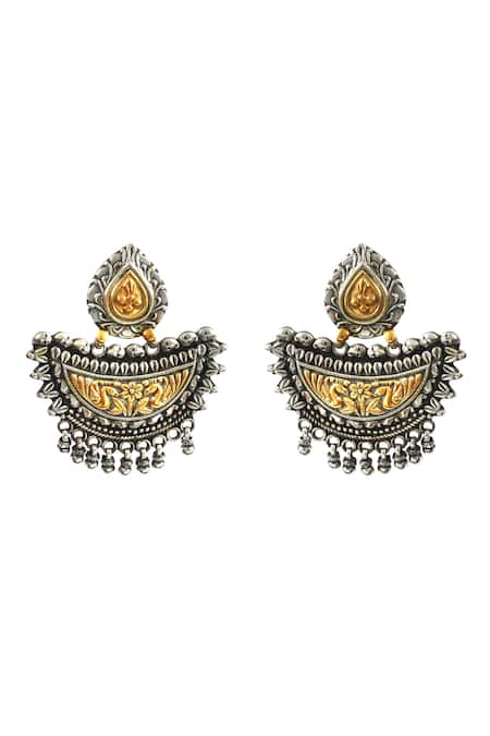 Shop_Noor_Gold Plated Studs Dual Toned Diya Carved Earrings_at_Aza_Fashions