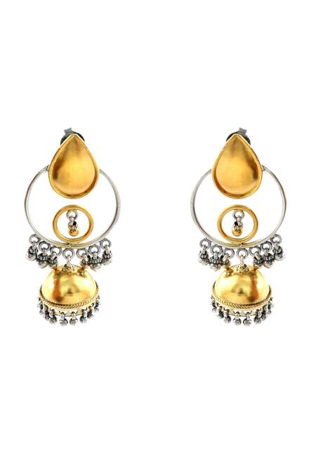 Shop_Noor_Gold Plated Dual Toned Teardrop Antique Jhumkas_at_Aza_Fashions