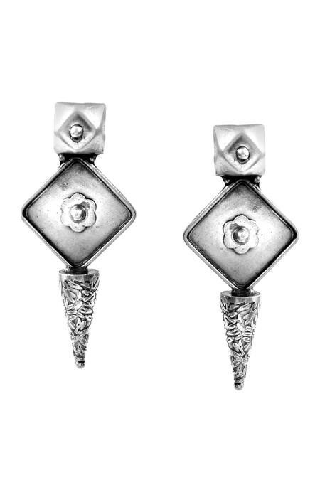 Shop_Noor_Silver Plated Framed Floret Carved Antique Studs_at_Aza_Fashions
