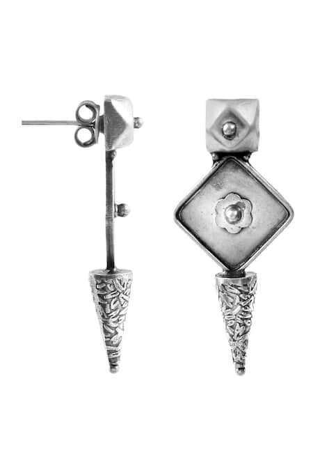 Noor_Silver Plated Framed Floret Carved Antique Studs_Online_at_Aza_Fashions
