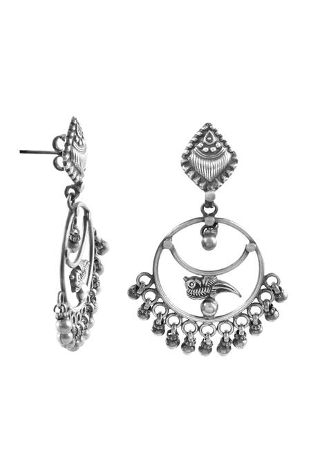 Noor_Silver Plated Gota Patti Oxidized Parrot Paradise Chandbalis_Online_at_Aza_Fashions