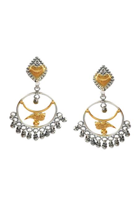 Shop_Noor_Silver Plated Gota Patti Dual Toned Parrot Paradise Chandbalis_at_Aza_Fashions