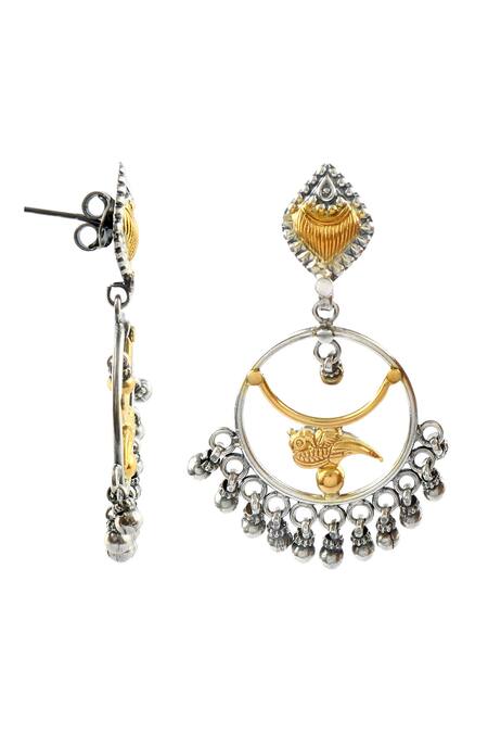 Noor_Silver Plated Gota Patti Dual Toned Parrot Paradise Chandbalis_Online_at_Aza_Fashions