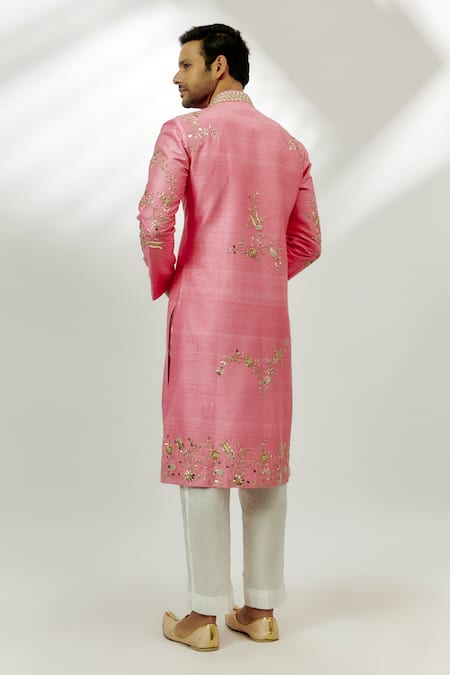 Shop_Nadima Saqib_Pink Silk Zari, Embroidery Sherwani With Pant _at_Aza_Fashions