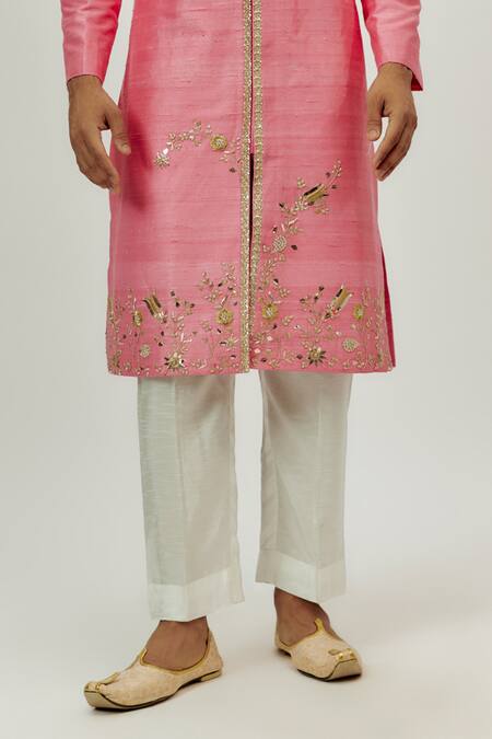Nadima Saqib_Pink Silk Zari, Embroidery Sherwani With Pant _Online_at_Aza_Fashions