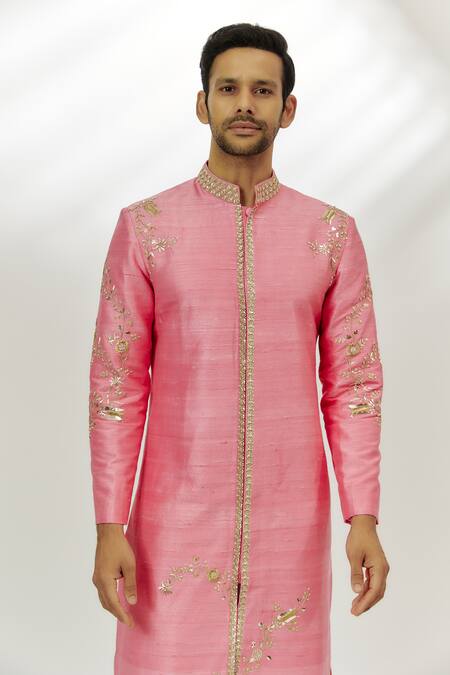 Buy_Nadima Saqib_Pink Silk Zari, Embroidery Sherwani With Pant _Online_at_Aza_Fashions