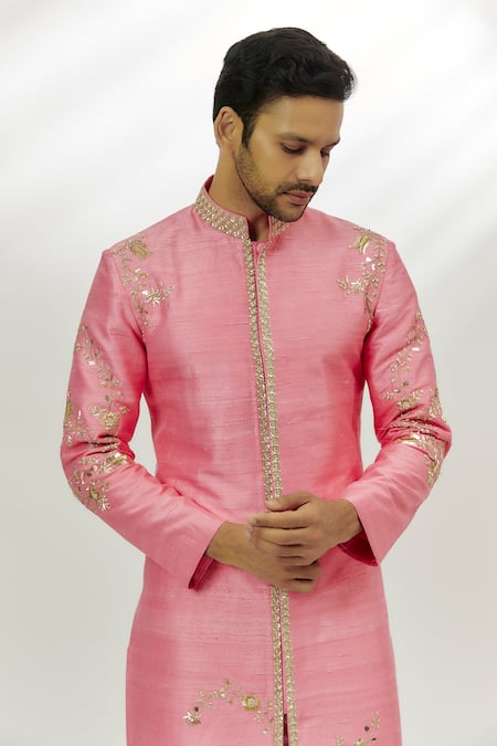Shop_Nadima Saqib_Pink Silk Zari, Embroidery Sherwani With Pant _Online_at_Aza_Fashions