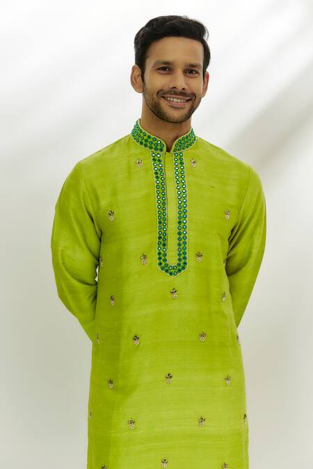 Nadima Saqib Green Silk Mirrors, Pearls, Sequins Placement Embroidery Kurta Online at Aza Fashions Nadima Saqib_Green Silk Mirrors, Pearls, Sequins Placement Embroidery Kurta _Online_at_Aza_Fashions