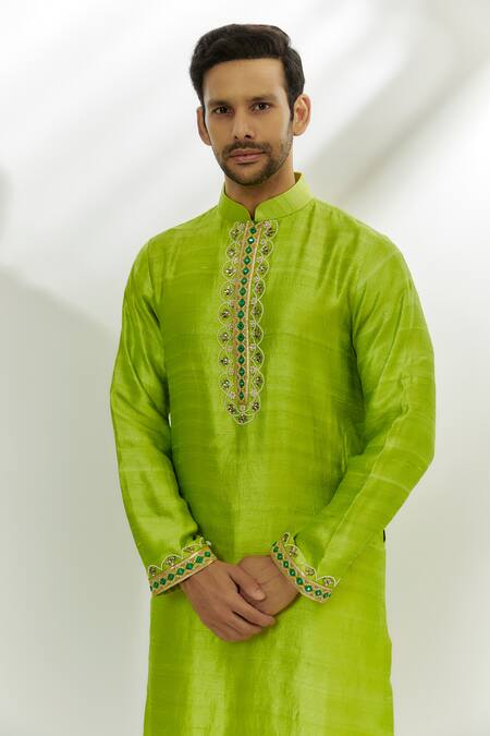 Nadima Saqib_Green Silk Pearls, Gota Patti Placed Embroidered Kurta _Online_at_Aza_Fashions