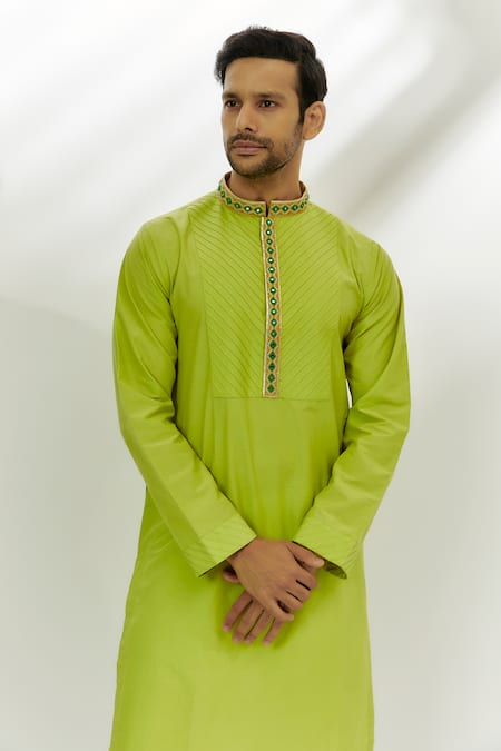 Nadima Saqib Green Cotton, Silk Gota Patti, Mirrors, Embroidery Pintucked Placed Kurta Online at Aza Fashions Nadima Saqib_Green Cotton, Silk Gota Patti, Mirrors, Embroidery Pintucked Placed Kurta _Online_at_Aza_Fashions