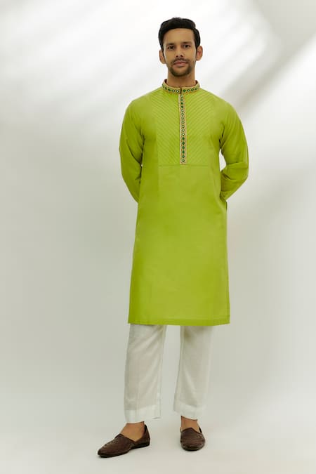 Buy Nadima Saqib Green Cotton, Silk Gota Patti, Mirrors, Embroidery Pintucked Placed Kurta Online at Aza Fashions Buy_Nadima Saqib_Green Cotton, Silk Gota Patti, Mirrors, Embroidery Pintucked Placed Kurta _Online_at_Aza_Fashions