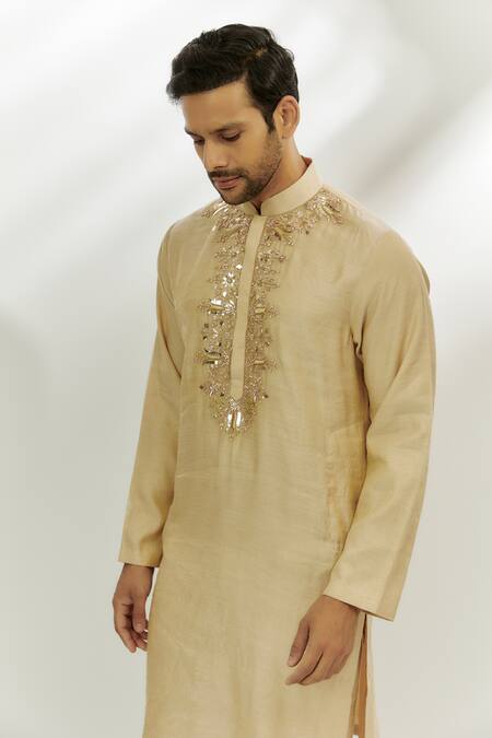Buy_Nadima Saqib_Beige Chanderi Silk Embroidery Kurta And Pant Set _Online_at_Aza_Fashions