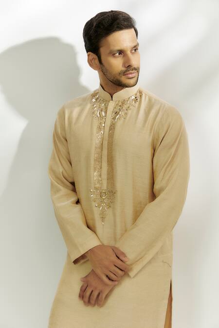 Buy_Nadima Saqib_Beige Chanderi Silk Zari, Embroidery Kurta With Pant _Online_at_Aza_Fashions