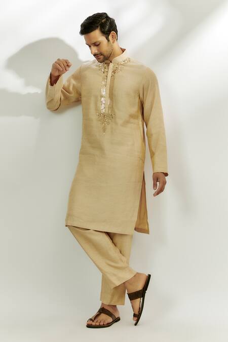Shop_Nadima Saqib_Beige Chanderi Silk Zari, Embroidery Kurta With Pant _Online_at_Aza_Fashions