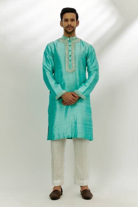 Nadima Saqib Blue Silk Zari, Sequins Zardozi Embroidered Kurta Online at Aza Fashions Nadima Saqib_Blue Silk Zari, Sequins Zardozi Embroidered Kurta _Online_at_Aza_Fashions